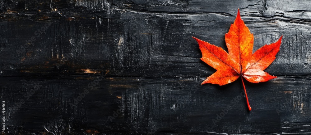 Aufkleber autumn leaf on a black wood painted background autumn hues. with copy space image. place for adding 