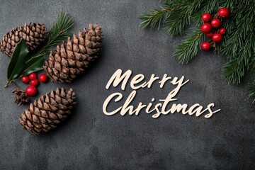 Pinecone and Berry Collage: Photos of pinecones, holly berries, and evergreen branches, arranged in a rustic, natural design. The text "Merry Christmas" in a simple, natural font.