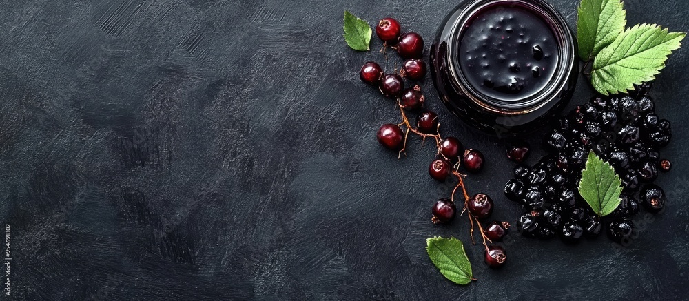 Leinwandbilder jam made from black chokeberries aronia melanocarpa and their berries on a dark table homemade prese
