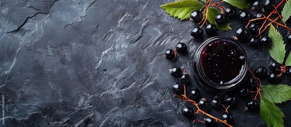 Fototapete jam made from black chokeberries aronia melanocarpa and their berries on a dark table homemade prese