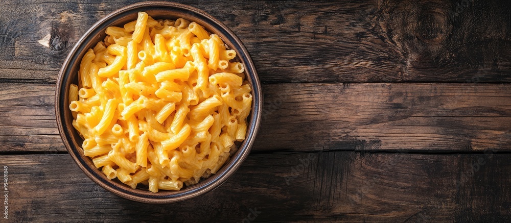 Poster macaroni cake container on a dark wooden surface. with copy space image. place for adding text or de