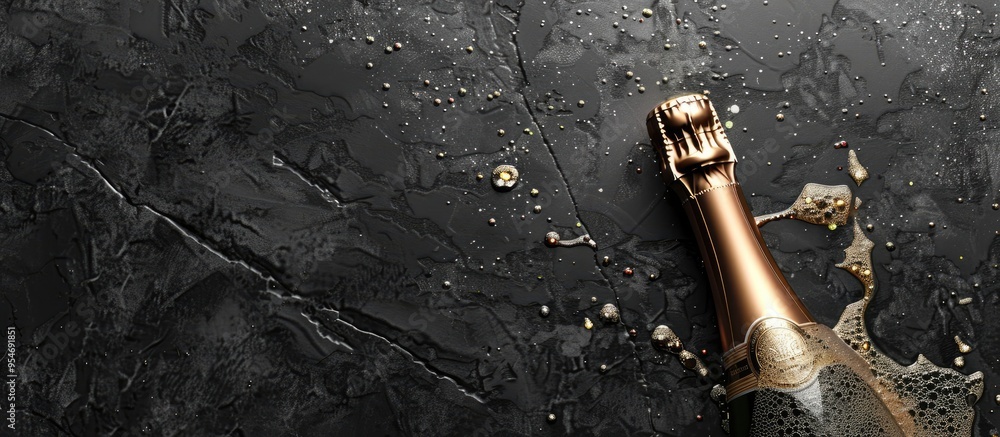 Poster Champagne as a symbol of New Year on a black background top view frame copyspace