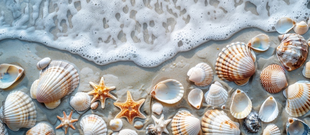 Poster A border of pink seashells and sea pebbles on a white background Ocean pattern top view. with copy space image. Place for adding text or design