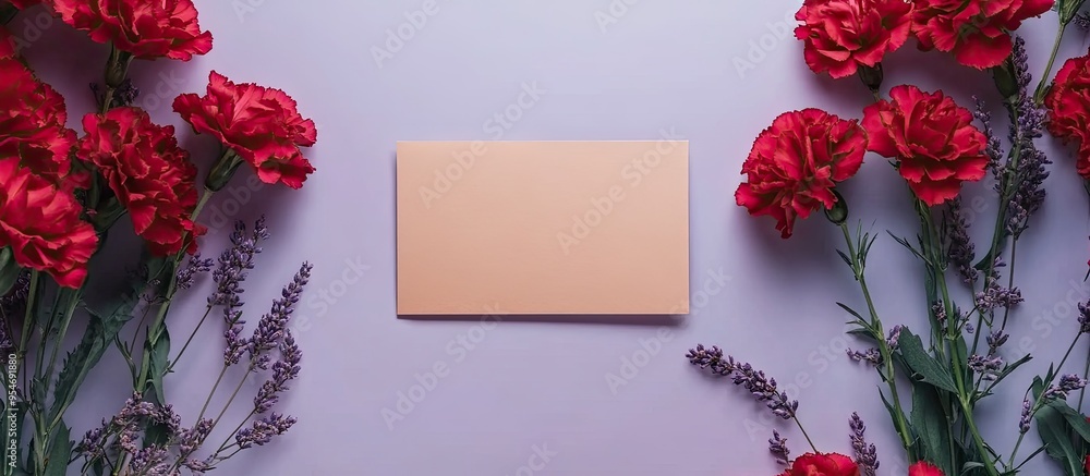 Aufkleber Red carnations and a blank card on a lilac backdrop. with copy space image. Place for adding text or design