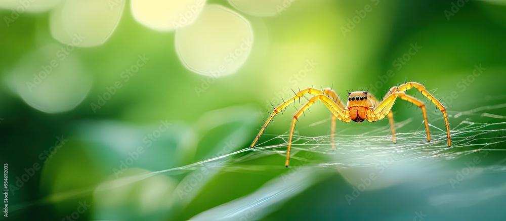Fototapete Spider on a web with a green backdrop Close up of a brown spider set against a green background Close up of a spider on a green surface. with copy space image. Place for adding text or design