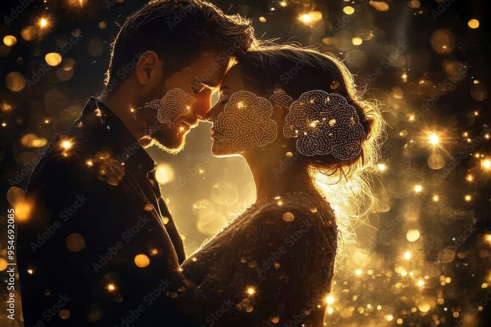 Aufkleber perception sequential romantic couple surrounded by glowing particles with interconnected brains sym