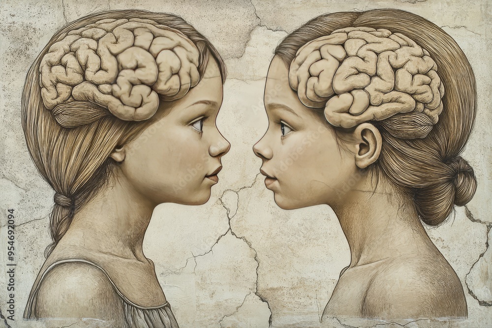 Poster neuroplasticity sequential artistic vintage style profile of a woman with an exposed brain symbolizi
