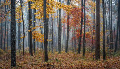 Fototapeta premium A serene autumn forest scene shrouded in mist, showcasing vibrant foliage in shades of yellow and red.