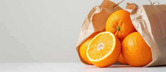 Close up of fresh oranges in a paper shopping bag set against a white background. with copy space image. Place for adding text or design