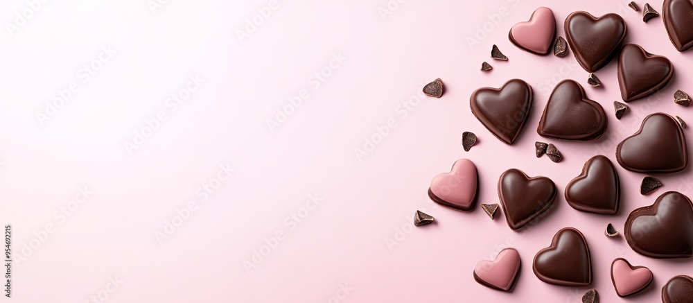 Poster chocolate hearts on a pink hearts background. with copy space image. place for adding text or design