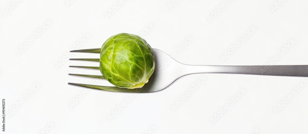 Poster Fresh brussels sprout on a fork placed against a white background. with copy space image. Place for adding text or design