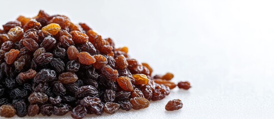 Obraz premium Pile of raisins on a white background. with copy space image. Place for adding text or design