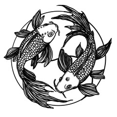 KOI, Fish, couple, Hand drawn illustration, black pencil drawing, transparent PNG 