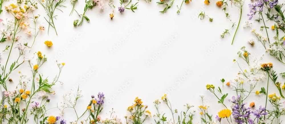 Aufkleber Round frame composed of wildflowers with a text area on a white background Flat lay top view. with copy space image. Place for adding text or design