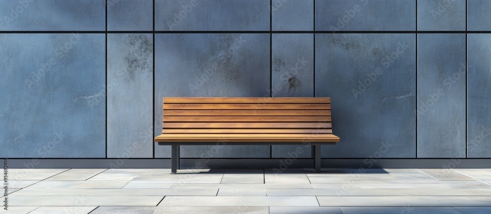 Aufkleber vacant wooden bench in contemporary architecture interior backdrop. with copy space image. place for