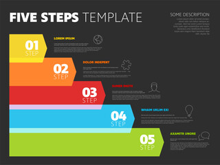 Five steps progress procedure infochart template with descriptions icons titles and big numbers on semi transparent arrows. Simple dark inographic describing some process with five steps