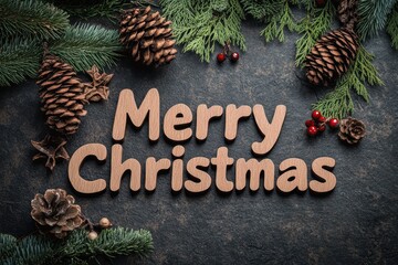 Pinecone and Berry Collage: Photos of pinecones, holly berries, and evergreen branches, arranged in a rustic, natural design. The text "Merry Christmas" in a simple, natural font.