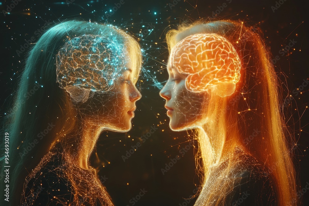 Poster executive function sequential fiery neural connection between two heads in a cosmic background symbo