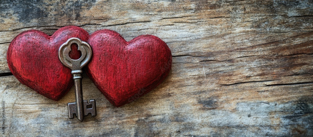 Aufkleber two red hearts for a wedding featuring a key and a keyhole as symbols of love set against a wooden b