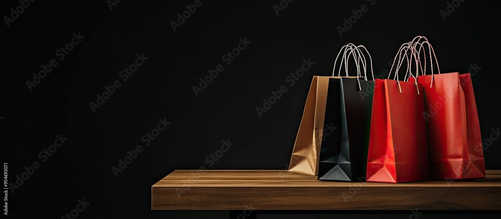 Poster several shopping bags on a wooden table set against a black background. with copy space image. Place for adding text or design