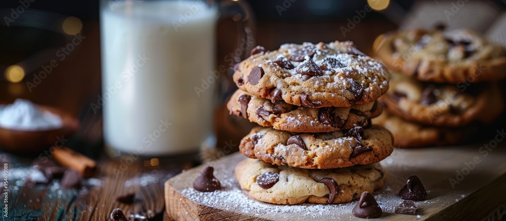 Poster cookies with chocolate chips and milk. with copy space image. place for adding text or design