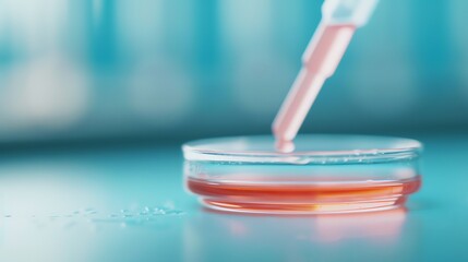 Close-up of a pipette dropping liquid into a Petri dish, symbolizing scientific research and precision in a laboratory setting.