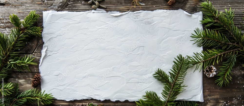Poster A white sheet of paper singed at the edges with green branches of a Christmas tree set against a backdrop of aged wooden boards Top view featuring copy space for your text