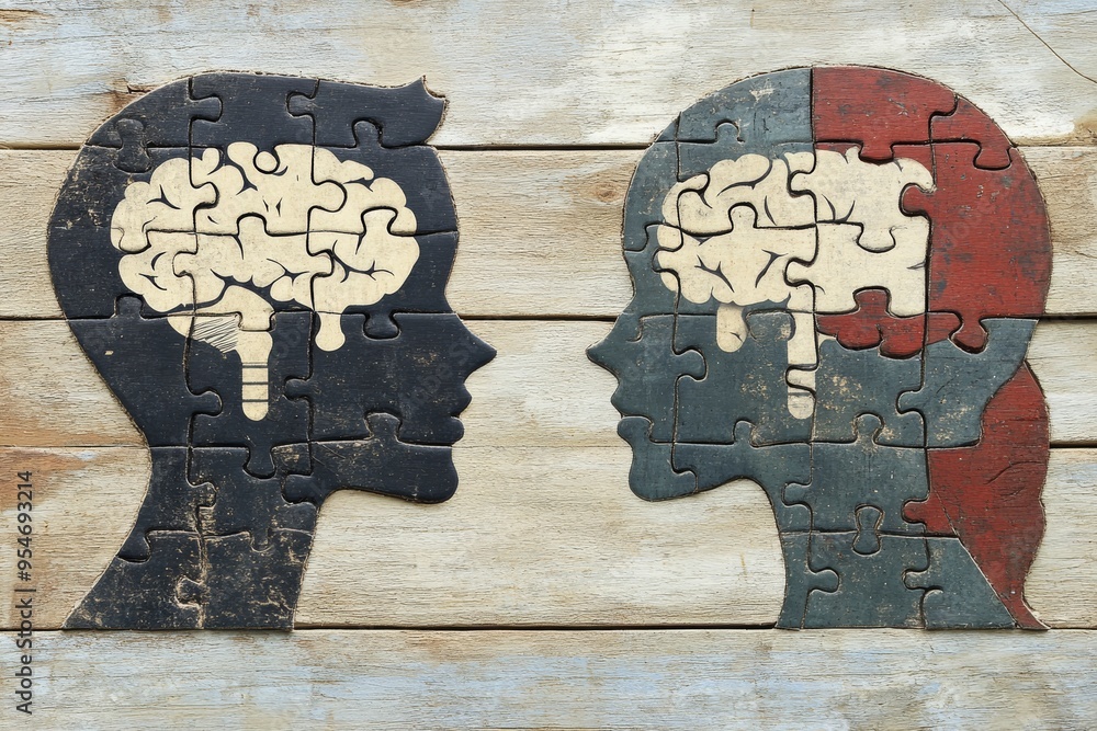 Poster Neurotransmission Sequential Abstract illustration of two heads with jigsaw puzzle brains symbolizing the process of piecing together thoughts and ideas in a unified structure
