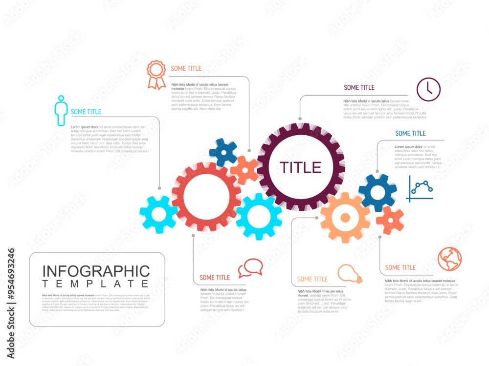 Poster multipurpose infographic report template made from cogwheels icons and descriptions. infochart templ
