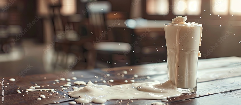 Poster a milkshake is on the table milk has spilled poured haphazardly. with copy space image. place for ad