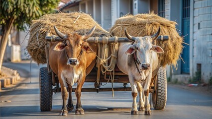  a bullock cart pulled by a pair of strong