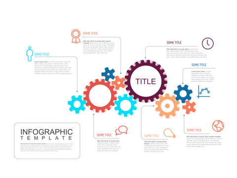 Multipurpose infographic report template made from cogwheels icons and descriptions. Infochart template for engine or wheel mechanism