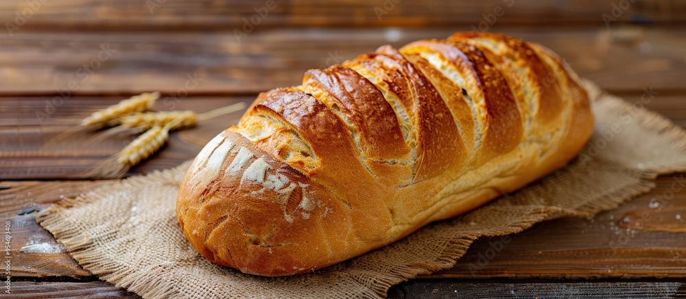 Poster Fresh bread on an old wooden table Top view with room for your text. with copy space image. Place for adding text or design