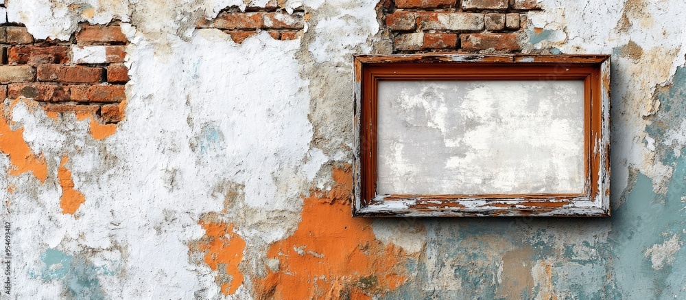 Aufkleber Three empty square frames against a background of a weathered brick wall. with copy space image. Place for adding text or design