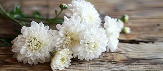 White chrysanthemum flowers with copyspace A bouquet of fresh flowers on a wooden surface Holiday greeting card