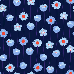 Seamless pattern with light blue wildflowers on a dark background. Meadow flowers, floral summer vector illustration. Bright spring botanical print, modern style design