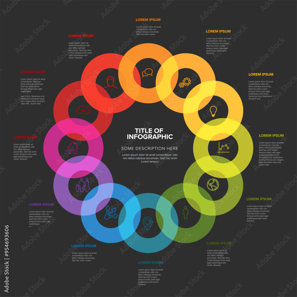 Poster simple dark infographic with twelve circles with icons in one big cycle on black background and addi