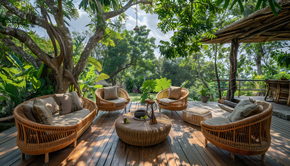 Obraz premium Open relaxing space with trees around and rattan furniture