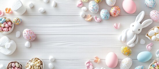 Obraz premium Sweet Easter idea Assorted sweets for kids during Easter including marshmallow rabbits chocolate eggs candies bunnies and snacks on a white wooden surface Flat lay Easter decoration concept Mock up