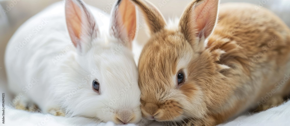 Poster close up of white and brown rabbits. with copy space image. Place for adding text or design