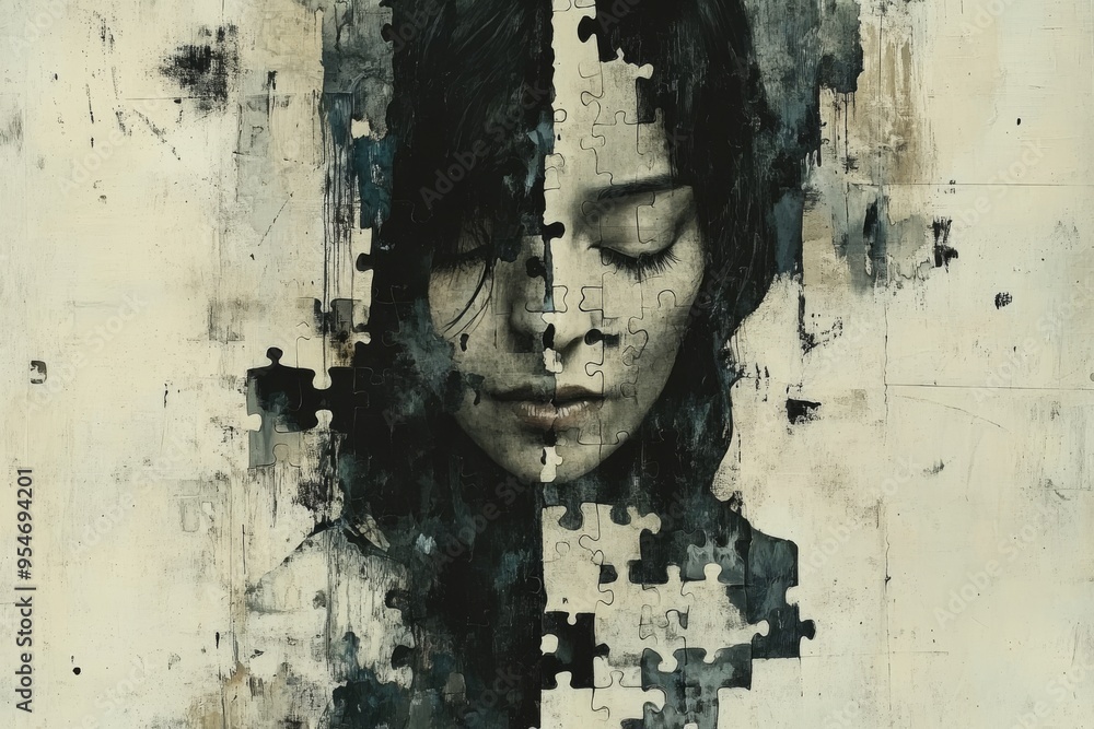 Poster brain development sequential artistic monochrome portrait of a woman with a fragmented face symboliz