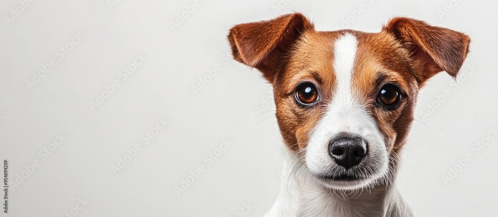 Poster young jack russell terrier against a white background. with copy space image. place for adding text 