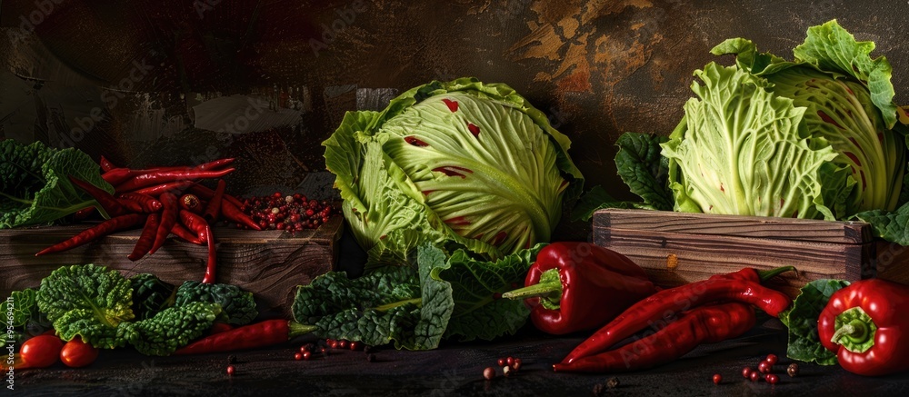 Poster dark food backdrop featuring cabbage leaves red pepper and spices. with copy space image. place for 