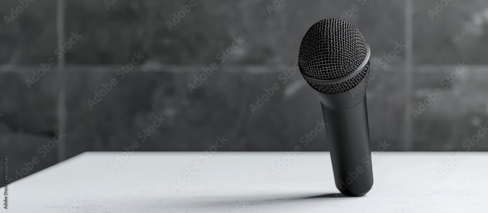 Poster black microphone sitting on a white table. with copy space image. Place for adding text or design