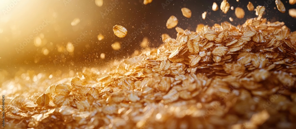 Aufkleber close up whole grain oat flakes in tasty organic quality wellness on the table. with copy space imag