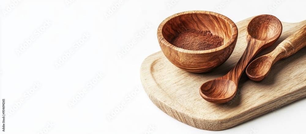 Fototapete Wooden utensils including a bowl and spoons placed on a cutting board against a white background. with copy space image. Place for adding text or design