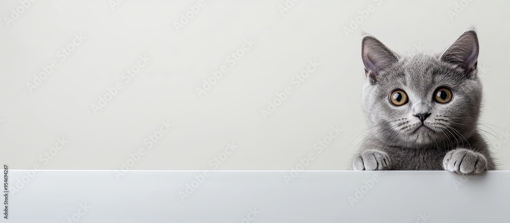 Aufkleber a humorous gray british breed cat looks out from behind a white table against a light background wit