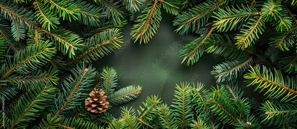 Poster Top view of a fir tree frame set against a colorful background with copy space Merry Christmas theme