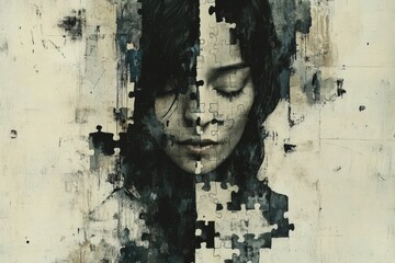 Brain development Sequential Artistic monochrome portrait of a woman with a fragmented face symbolizing the deconstruction of identity and the reconstruction of self