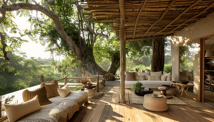 Fototapeta premium Open relaxing space with trees around and rattan furniture